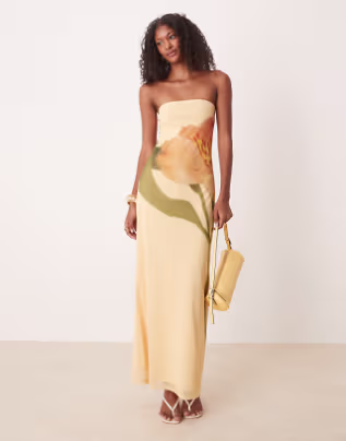 ASOS DESIGN mesh floral placement printed bandeau maxi dress in buttermilk