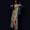 Bershka Strappy animal print midi dress in green